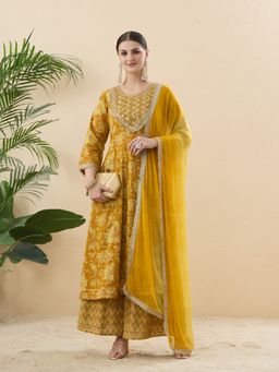 MOKOSH - Women Yellow Cotton Embroidered Anarkali Kurta with Sharara and Dupatta