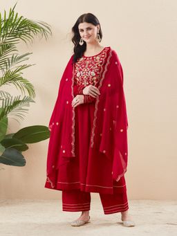 MOKOSH - Women Red Cotton Embroidered Anarkali Kurta with Palazzo and Dupatta