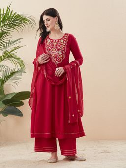 MOKOSH - Women Pink Cotton Embroidered Anarkali Kurta with Palazzo and Dupatta