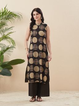 MOKOSH - Women Black Cotton Ethnic Motif Printed Sleeveless Handwork Kurta with Palazzo