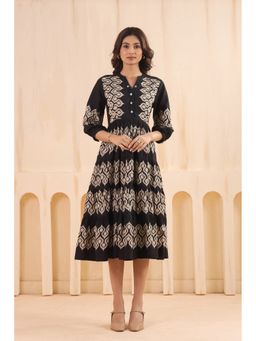 SAVI - Women Black Cotton Printed Designer Flared Dress