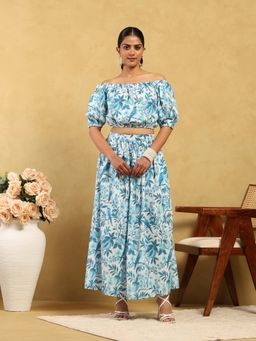 Garden VARELI - Women Tropical Floral Printed White Cotton Crop Top and Flared Skirt