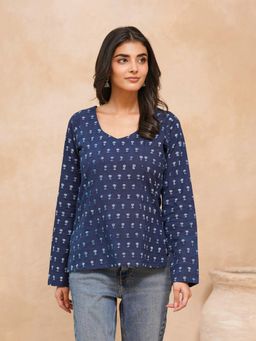 GOODHAND - Navy Blue Cotton Printed Classic Vee Top
