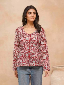 GOODHAND - Red Cotton Floral Classic Vee Top