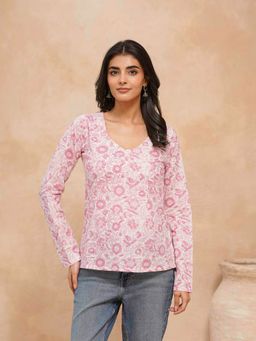 GOODHAND - White Cotton Floral Classic Vee Top