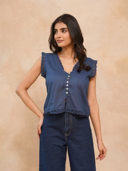 GOODHAND - Blue Cotton Printed Daisy Lace Top