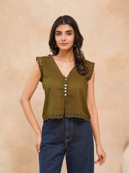 GOODHAND - Olive Cotton Printed Daisy Lace Top