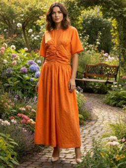 HOUSE OF JAMOTI - Women Orange Ruched Radiance Half Sleeves Dress