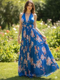 HOUSE OF JAMOTI - Women Blue Jay Satin Floral Printed A-Line Dress