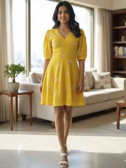 HOUSE OF JAMOTI - Women Yellow Buttercup Cotton A-Line Mini Dress