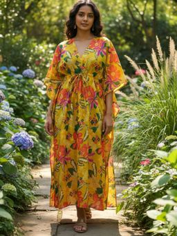 HOUSE OF JAMOTI - Women Yellow Sundaze V-Neck Kaftan Dress