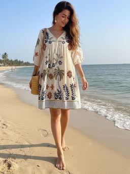 HOUSE OF JAMOTI - Women Off White Dobby Drift Cotton Mini Dress