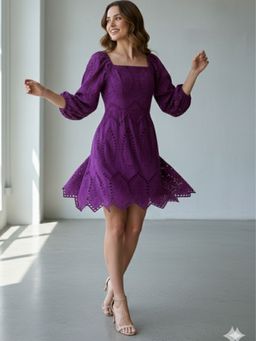 HOUSE OF JAMOTI - Women Bellflower Purple Schiffli Mini Dress