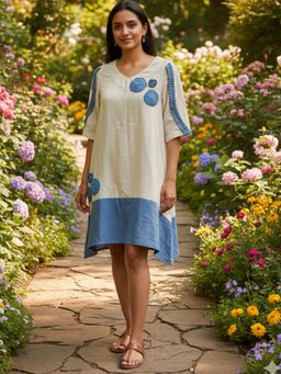 HOUSE OF JAMOTI - Women Blue Petal Cotton A-Line Dress