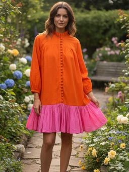 HOUSE OF JAMOTI - Women Coral Pink Colorblock Smock Mini Dress