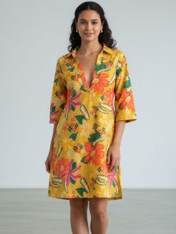 HOUSE OF JAMOTI - Women Yellow Sun Bloom Printed Cotton Shirt Mini Dress