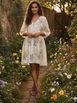 HOUSE OF JAMOTI - Women Ivory Garden Cotton Printed Mini Dress