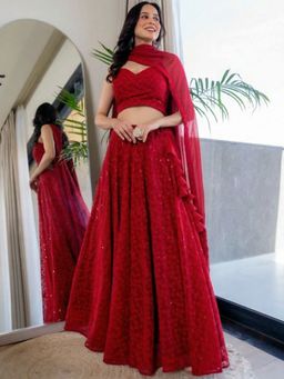 HOUSE OF JAMOTI - Twilight Red Chikankari Lehenga and Blouse with Dupatta