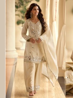 JATRIQQ - Women Cream Silk Blend Mirror Embroidered Kurta with Pant and Dupatta