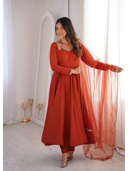 JATRIQQ - Women Rust Silk Anarkali Kurta with Pant and Dupatta
