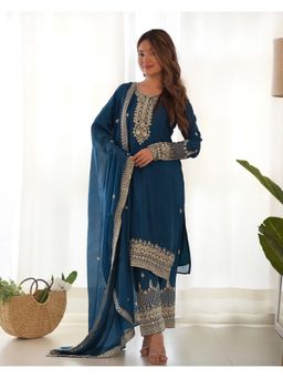 JATRIQQ - Women Teal Chinon Embroidered Work Kurta with Pant and Dupatta