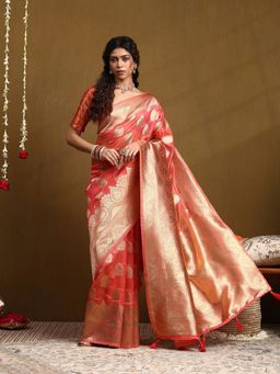 Garden VARELI - Women Pink Silk Blend Woven Saree With Unstitched Blouse