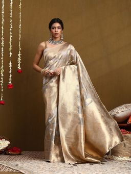 Garden VARELI - Women Grey Silk Blend Woven Saree With Unstitched Blouse
