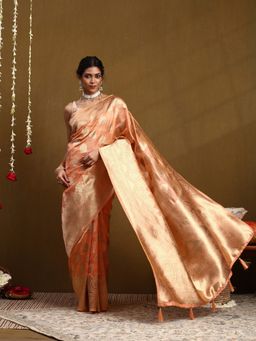 Garden VARELI - Women Orange Silk Blend Woven Saree With Unstitched Blouse