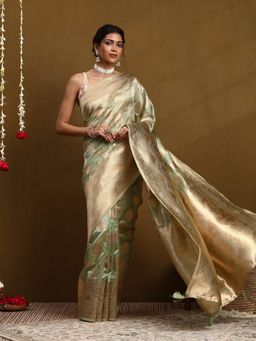 Garden VARELI - Women Green Silk Blend Woven Saree With Unstitched Blouse
