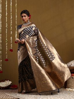 Garden VARELI - Women Grey Silk Blend Woven Saree With Unstitched Blouse