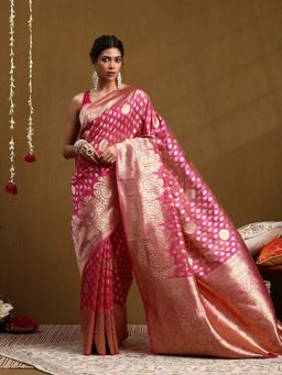 Garden VARELI - Women Pink Silk Blend Woven Saree With Unstitched Blouse