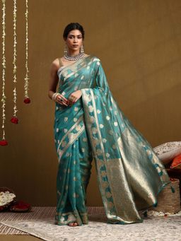 Garden VARELI - Women Blue Silk Blend Woven Saree With Unstitched Blouse