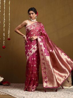 Garden VARELI - Women Pink Silk Blend Woven Saree With Unstitched Blouse