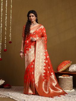Garden VARELI - Women Orange Silk Blend Woven Tassel Saree With Unstitched Blouse