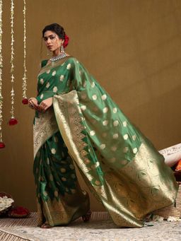 Garden VARELI - Women Green Silk Blend Woven Saree With Unstitched Blouse