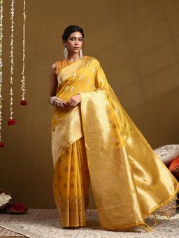 Garden VARELI - Women Yellow Silk Blend Woven Saree With Unstitched Blouse