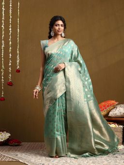 Garden VARELI - Women Green Silk Blend Tassel Woven Saree With Unstitched Blouse