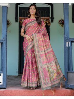 ALMAARI FASHION - Pink Women Cotton Linen Kalamkari Printed Saree With Unstitched Blouse