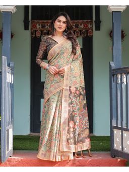 ALMAARI FASHION - Women Green Cotton Linen Kalamkari Printed Tassel Saree With Unstitched Blouse
