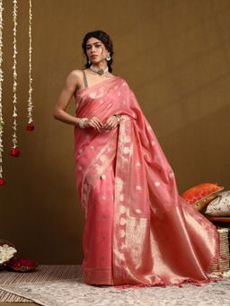Garden VARELI - Women Pink Silk Blend Woven Tassel Saree With Unstitched Blouse