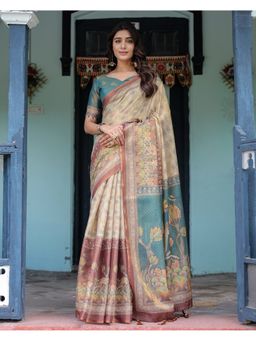ALMAARI FASHION - Beige Women Cotton Linen Kalamkari Printed Tassel Saree With Unstitched Blouse