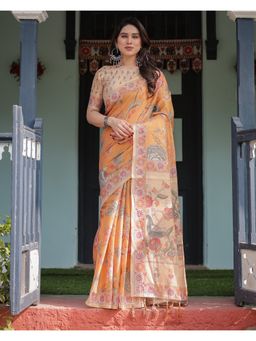 ALMAARI FASHION - Women Mustard Cotton Linen Kalamkari Printed Saree With Unstitched Blouse