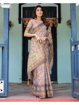 ALMAARI FASHION - Beige Women Cotton Linen Kalamkari Printed Tassel Saree With Unstitched Blouse