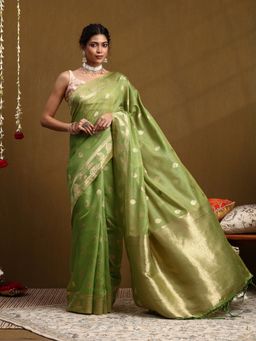 Garden VARELI - Women Green Silk Blend Woven Tassel Saree With Unstitched Blouse