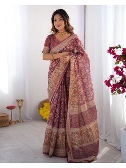 ALMAARI FASHION - Women Purple Cotton Linen Kalamkari Printed Saree With Unstitched Blouse