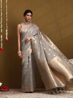 Garden VARELI - Women Grey Silk Blend Woven Saree With Unstitched Blouse