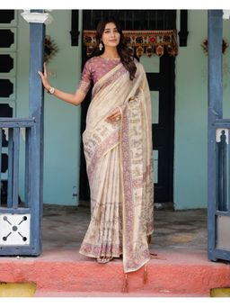 ALMAARI FASHION - Beige Women Cotton Kalamkari Saree With Unstitched Blouse