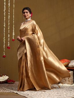 Garden VARELI - Women Beige Silk Blend Woven Saree With Unstitched Blouse