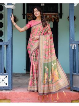 ALMAARI FASHION - Women Pink Cotton Kalamkari Printed Saree With Unstitched Blouse