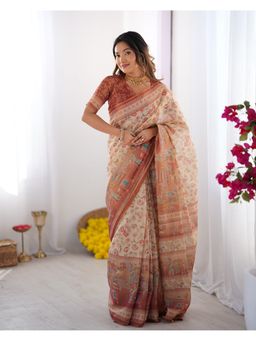 ALMAARI FASHION - Women Ivory Cotton Linen Kalamkari Printed Saree With Unstitched Blouse